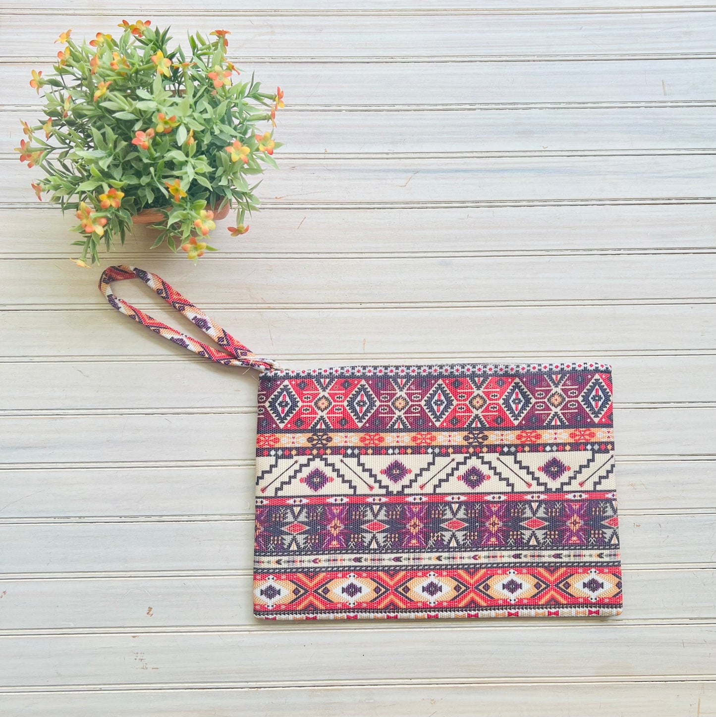 Boho Burnt Orange Aztec Print Wristlet Pouch