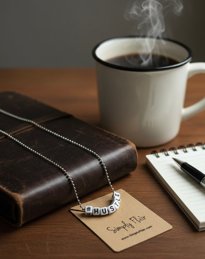 “#HUSTLE” Hashtag Alphabet Cube Necklace
