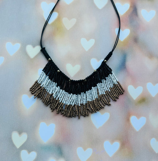 Black, White and Gold Seed Bead Necklace