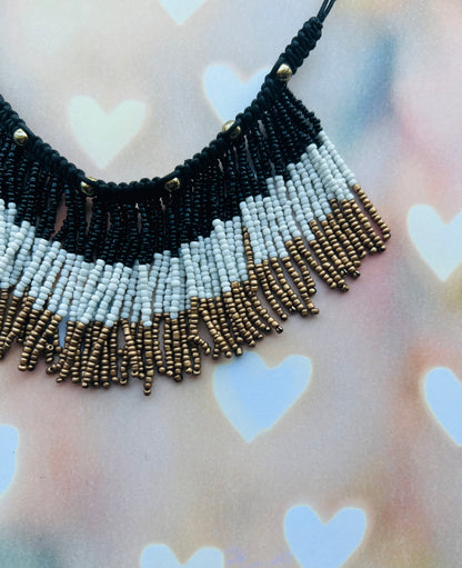 Black, White and Gold Seed Bead Necklace