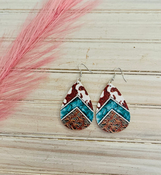 Cow Print and Turquoise Western Earrings