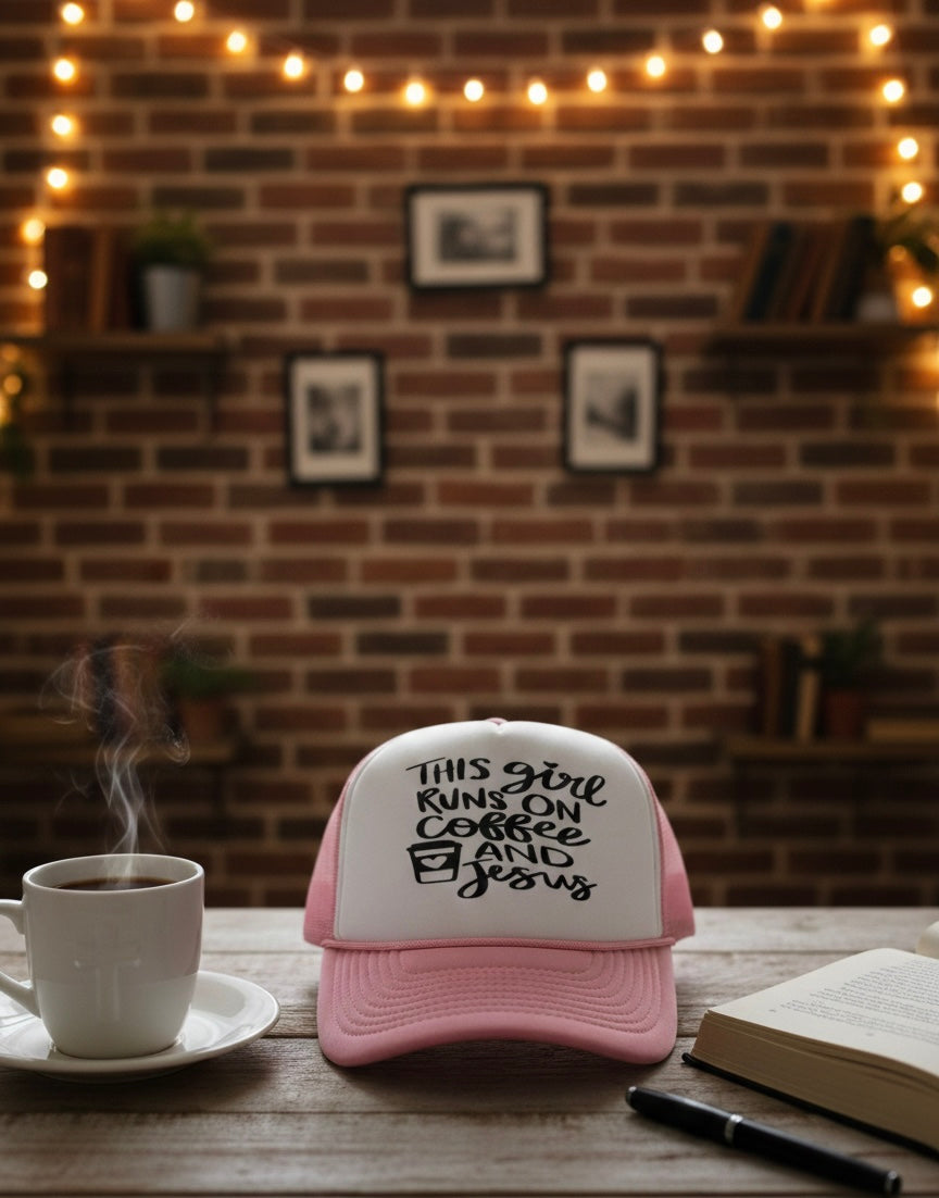 This Girl Runs On Coffee and Jesus Trucker Cap